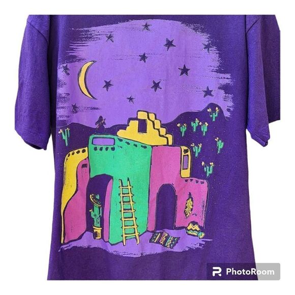 Vintage 80s peddlers Top Tshirt Purple Southwest Art to Wear Cactus Adobe ONE SI - Picture 2 of 6